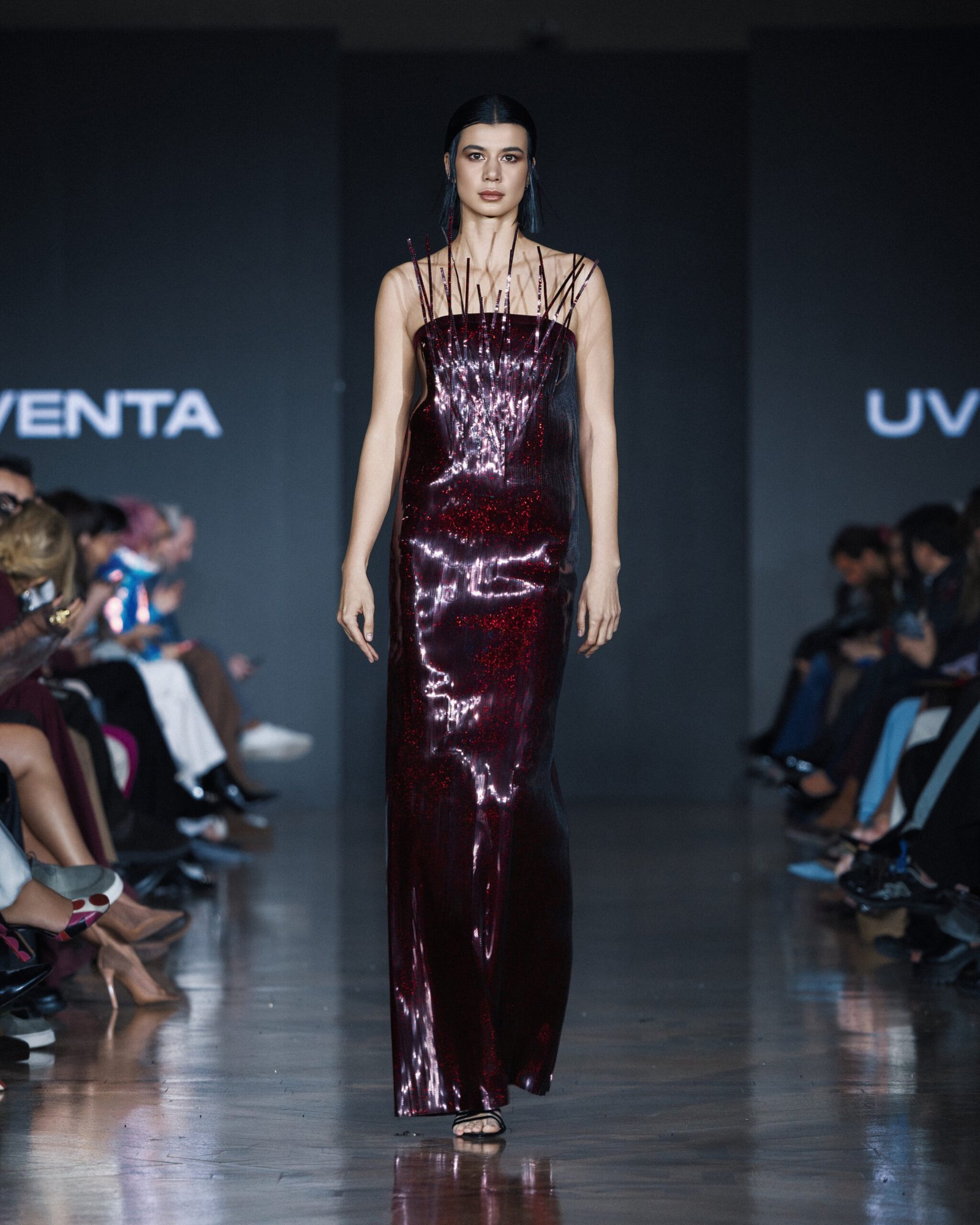 Striking burgundy metallic maxi dress